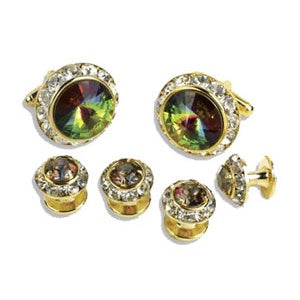 Crystal Cufflinks and Studs with Purple Mardi Gras Center