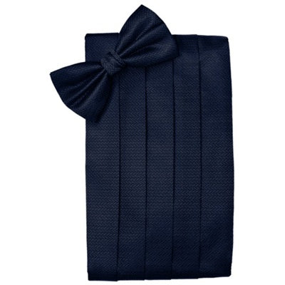 Navy Blue Herringbone Cummerbund and Bow Tie Set