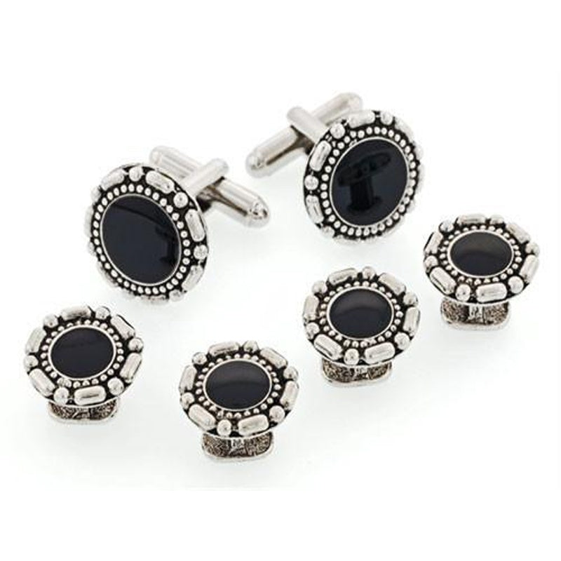 Antiqued Border Tuxedo Cufflinks and Studs Silver