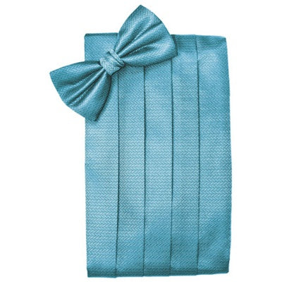 Blue Ice Herringbone Cummerbund and Bow Tie Set