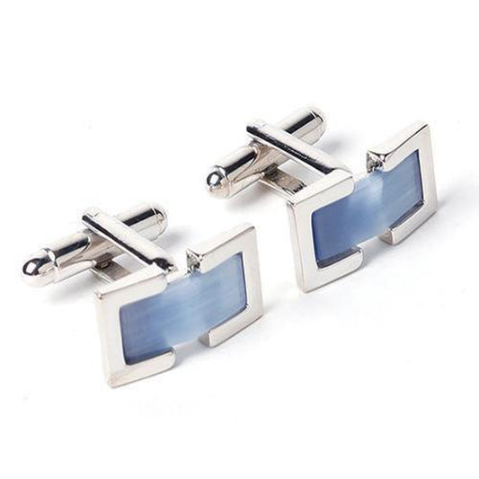 Blue Fiber Optic Rectangle Open Frame Silver Cufflinks