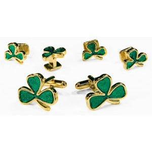 St Patricks Lucky Shamrock Gold Cufflinks & Studs