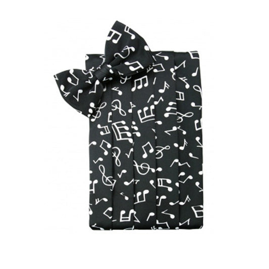 Musical Notes Print Black Novelty Cummerbund And Bow Tie Set