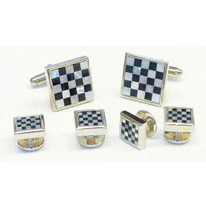 Genuine Onyx Mother of Pearl Checker Silver Cufflinks and Studs