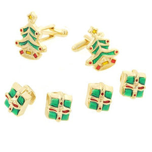 Gold Christmas Trees Cufflinks and Stud Set