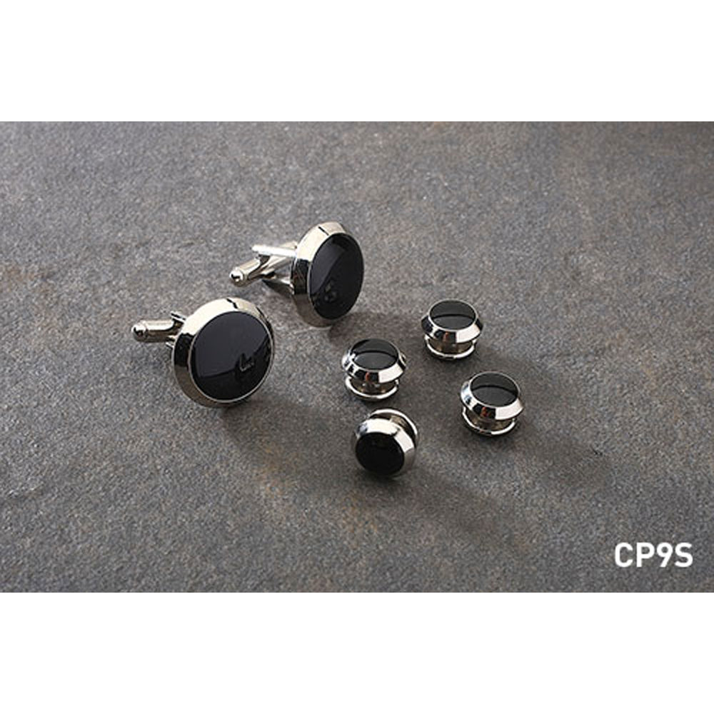 Silver and Black Beveled Cuff Link and Stud Set