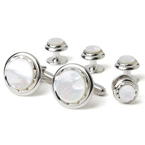 Mother Of Pearl Diamond Cut Tuxedo Cufflinks and Studs  Silver