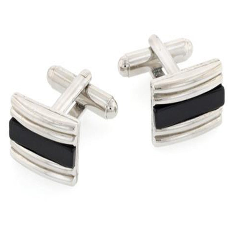 Double Banded with Central Onyx Accent Silver Cufflinks