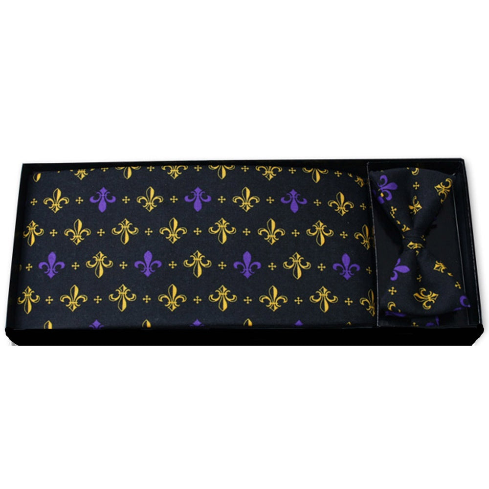 Fleur De Lis Bow Tie and Cummerbund Set in Black and Purple