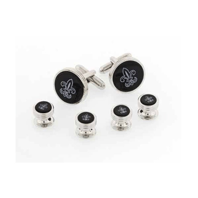 Genuine Onyx Etched Fleur De Lis Cufflinks and Studs Silver