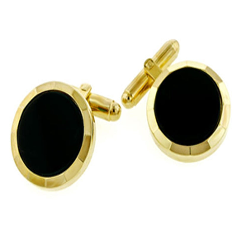 Genuine Onyx Diamond Cut Gold Cufflinks