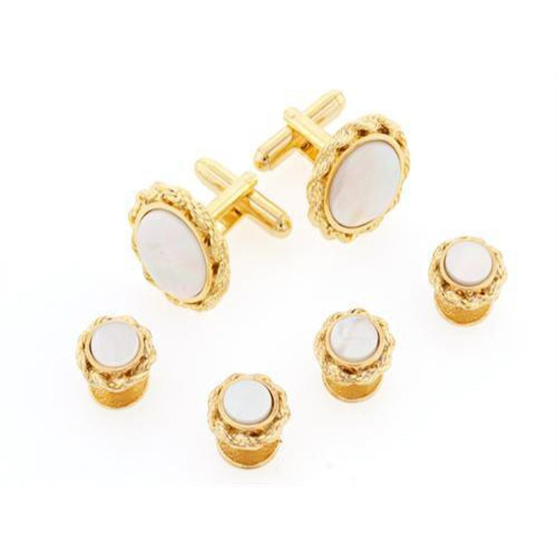 Mother of Pearl Tuxedo Cufflinks and Studs Gold Rope Setting