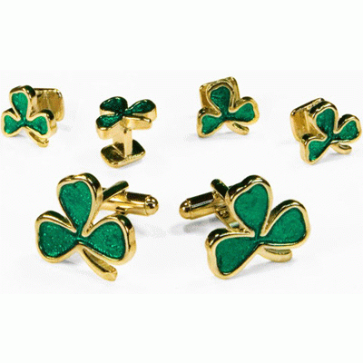 Green Lucky Shamrock Cufflinks & Studs Gold