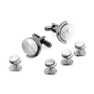 Half Moon Mother Of Pearl Tuxedo Cufflinks and Studs Silver