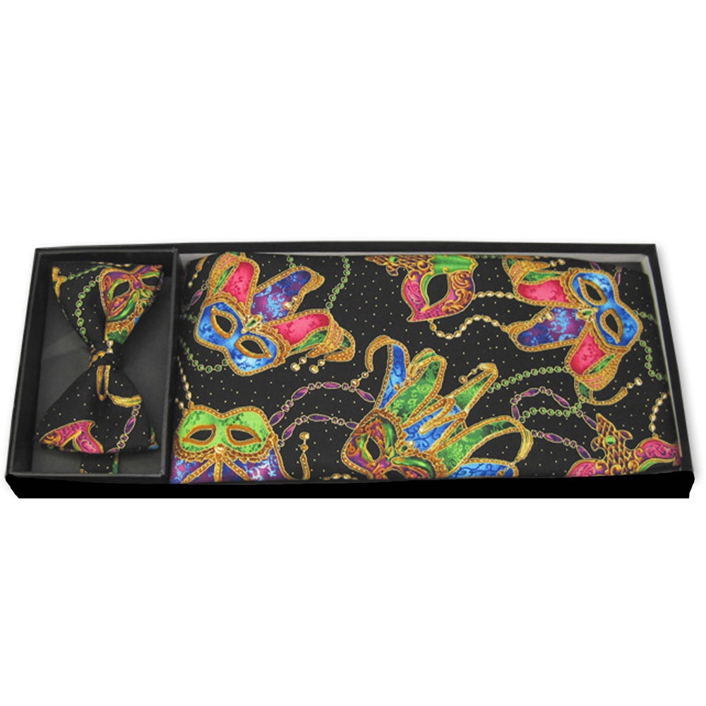 Mardi Mask Black Bow Tie and Cummerbund Set