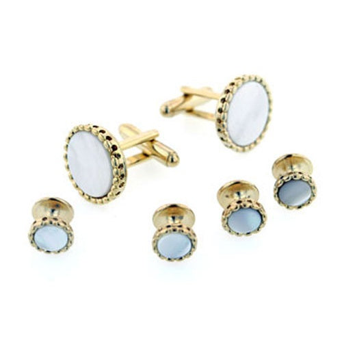 Mother of Pearl Fluted Edge Tuxedo Cufflinks and Studs Gold