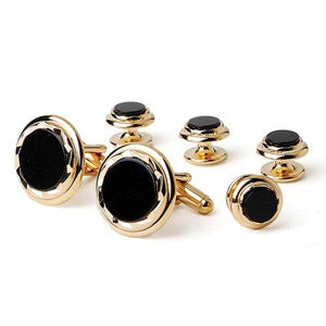 Onyx Diamond Rim Tuxedo Cufflinks and Studs Gold