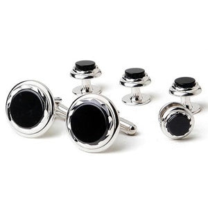 Onyx Diamond Rim Tuxedo Cufflinks and Studs Silver