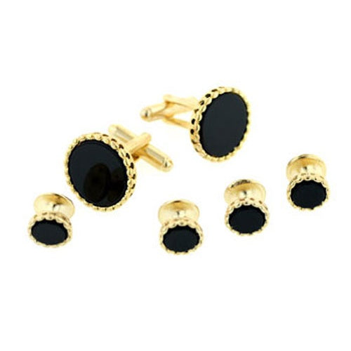 Onyx Fluted Edge Tuxedo Cufflinks and Studs Gold