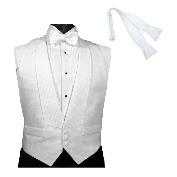 White Pique Open Back Tuxedo Vest with Self Tie Bow Tie