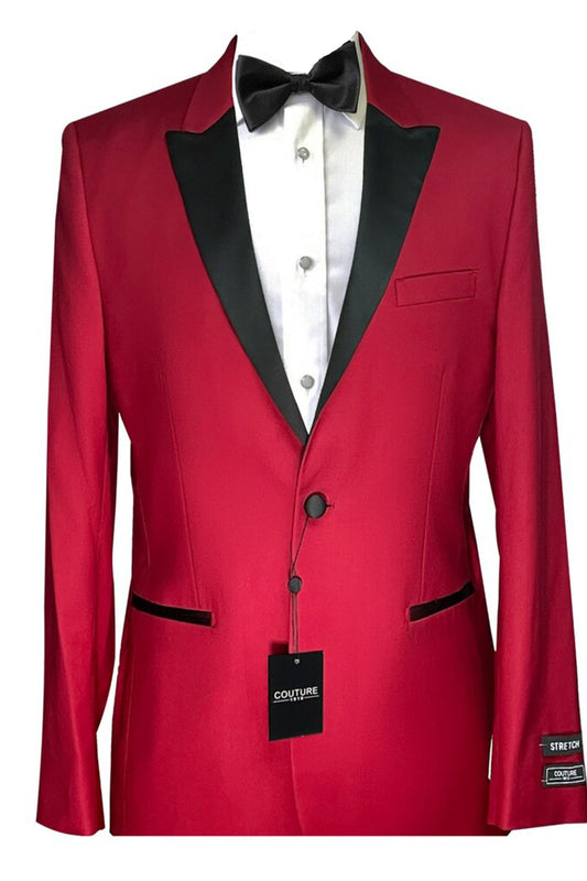 Stretch Blend Red One Button Peak Tuxedo Jacket w Black Lapel