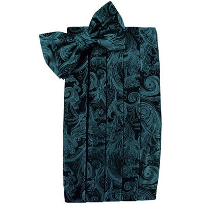 Jade Teal Tapestry Paisley Satin Cummerbund and Bow Tie Set