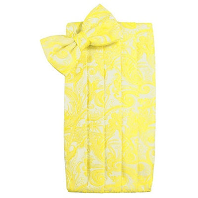 Lemon Yellow Tapestry Paisley Satin Cummerbund and Bow Tie Set