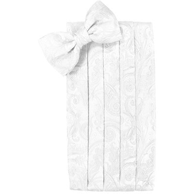 White Tapestry Paisley Satin Cummerbund and Bow Tie Set