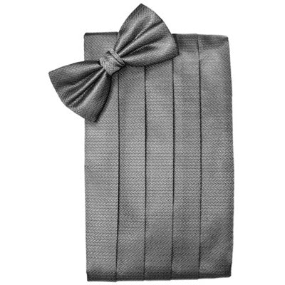 Silver Herringbone Cummerbund and Bow Tie Set