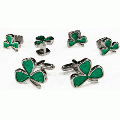 Green Lucky Shamrock Cufflinks & Studs Silver