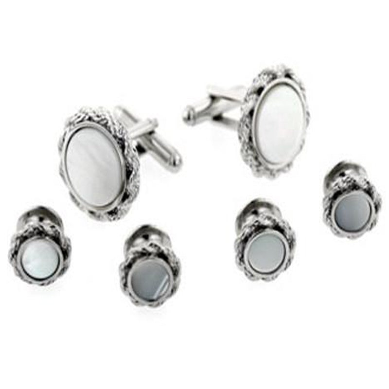 Mother of Pearl Tuxedo Cufflinks and Studs Silver Rope Setting