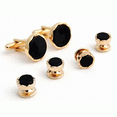 Genuine Onyx Stone Castle Tuxedo Cufflinks and Studs Gold