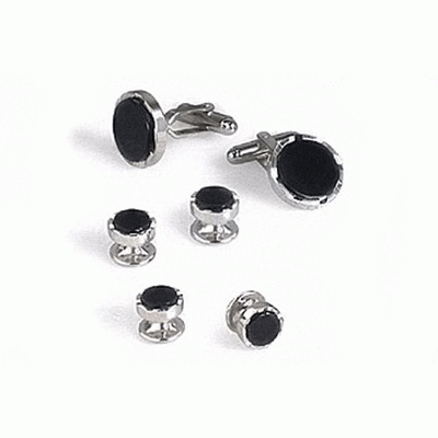 Genuine Onyx Stone Castle Tuxedo Cufflinks and Studs Silver