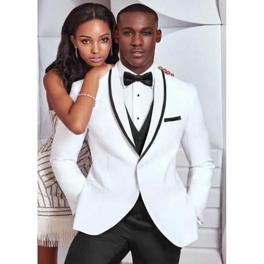 White Shawl Lapel Tuxedo with Black Trim in Standard or Slim Fit