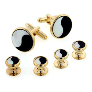 Yin and Yang Mother of Pearl and Onyx Cufflinks and Studs Gold